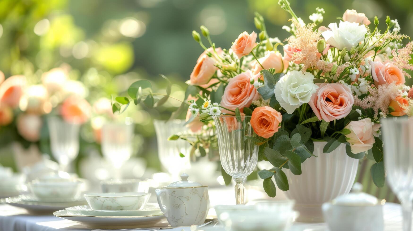 ai genererad tabeller Utsmyckad med färsk blommor och delikat Kina, frammanande ett elegant trädgård affär foto