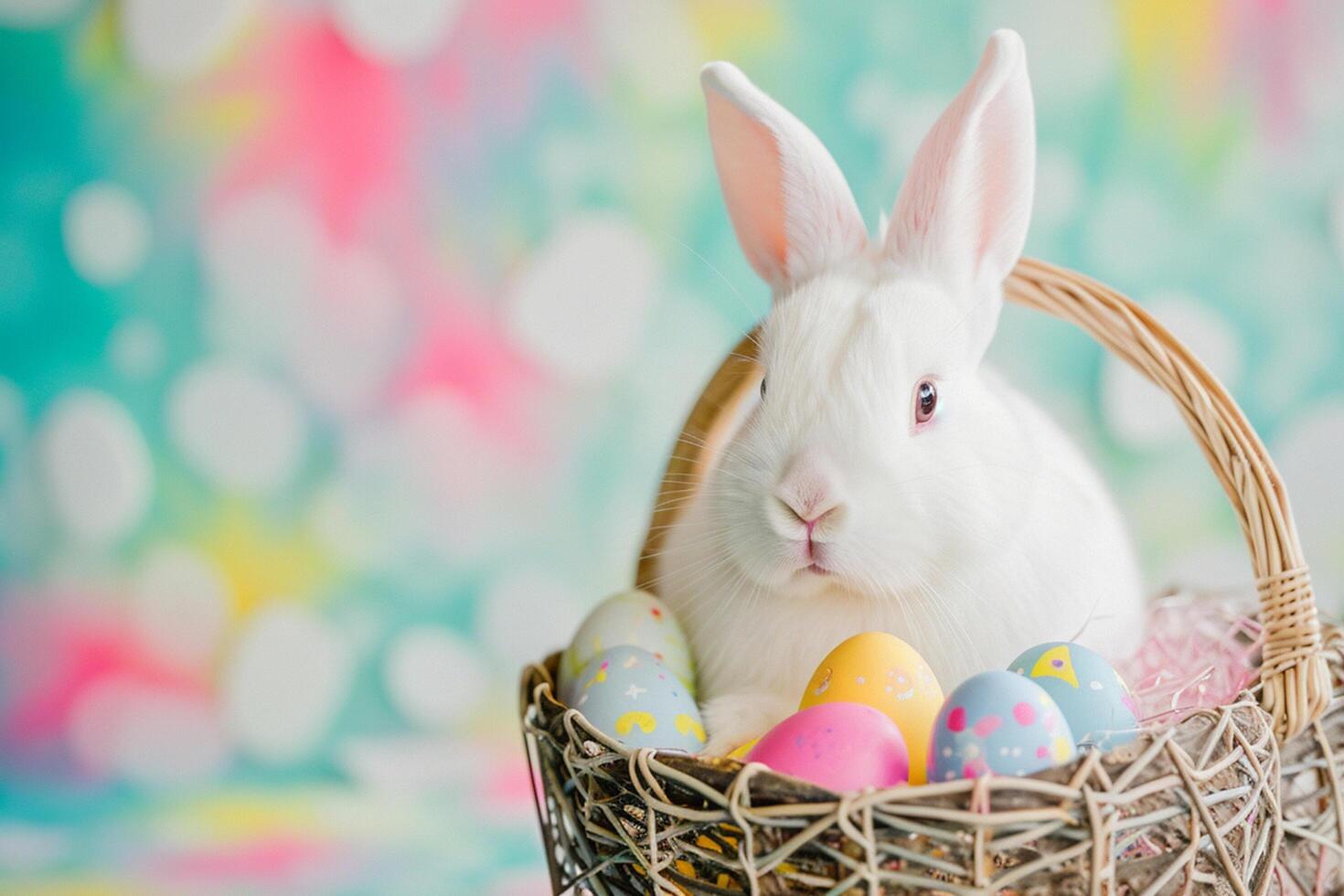 ai genererad en söt kanin med färgrik pastell påsk ägg korg bokeh stil bakgrund med generativ ai foto