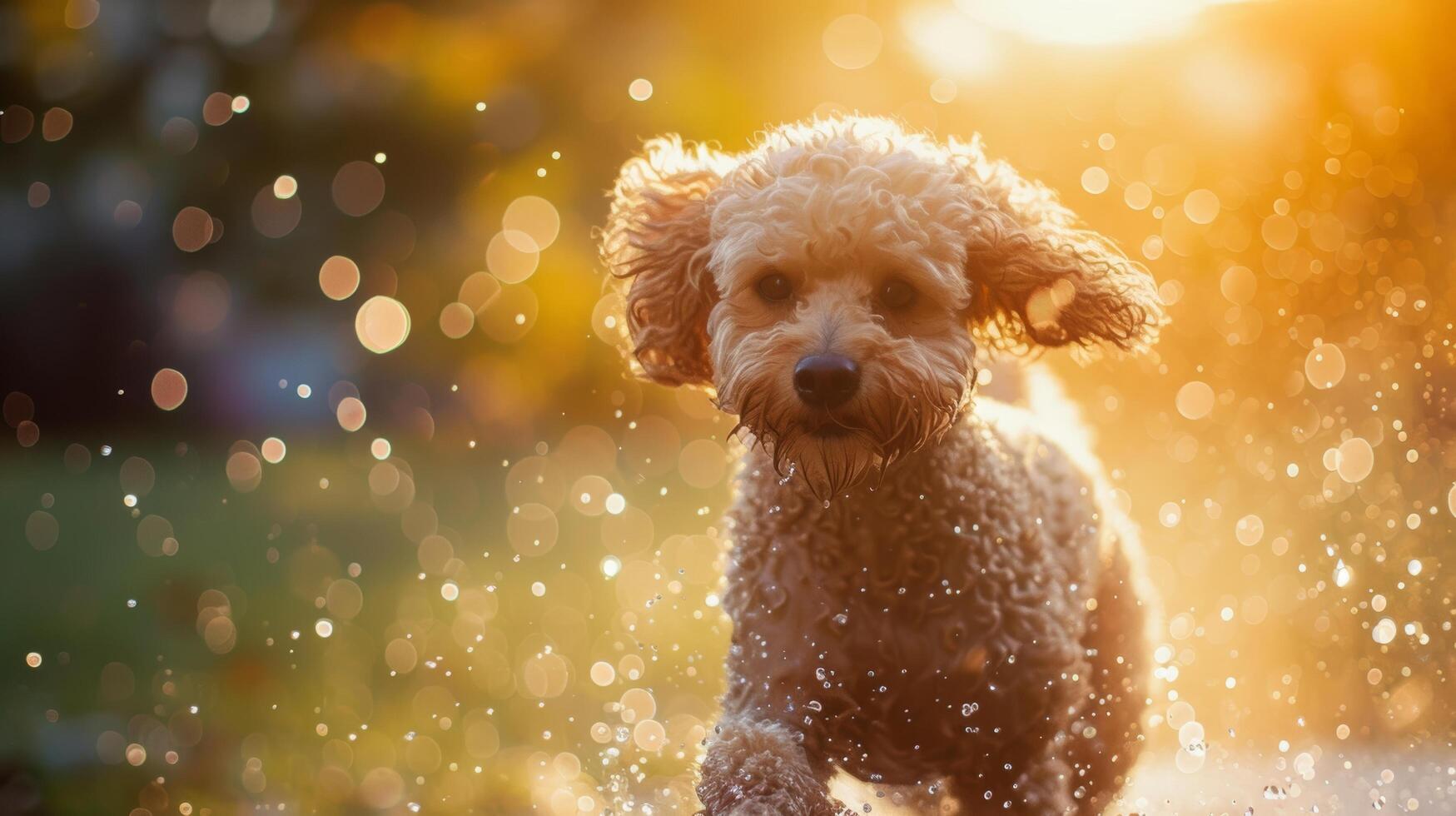 ai genererad en pudel graciöst hoppa genom en sprinkler, vatten droppar blänkande i de solljus foto