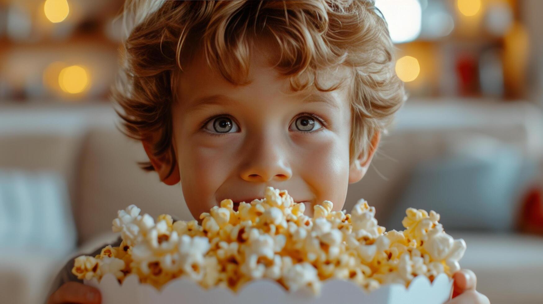 ai genererad de pojke åt en hink av popcorn och den var trasig in i små bitar foto
