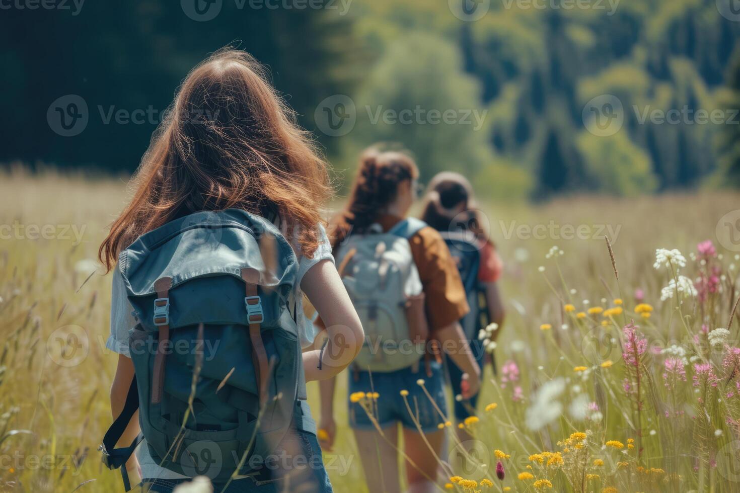 ai genererad tonåringar vandring, njuter natur, utforska bra utomhus, fattande aktiva livsstil i natur foto