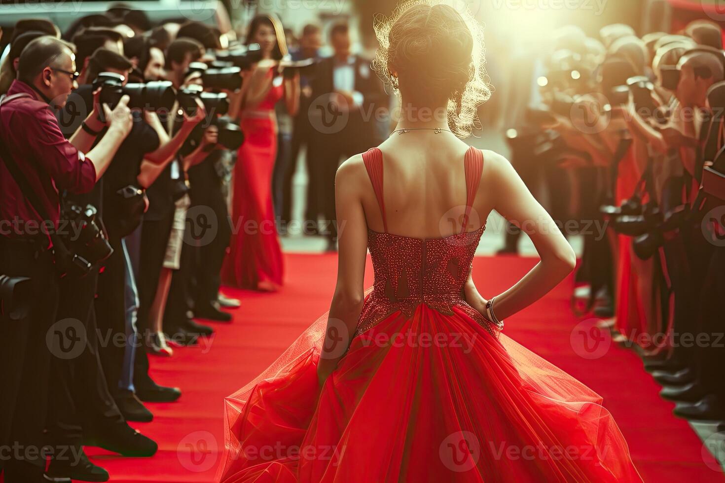 ai genererad kvinna kändis super stjärna på röd matta på känd händelse foto