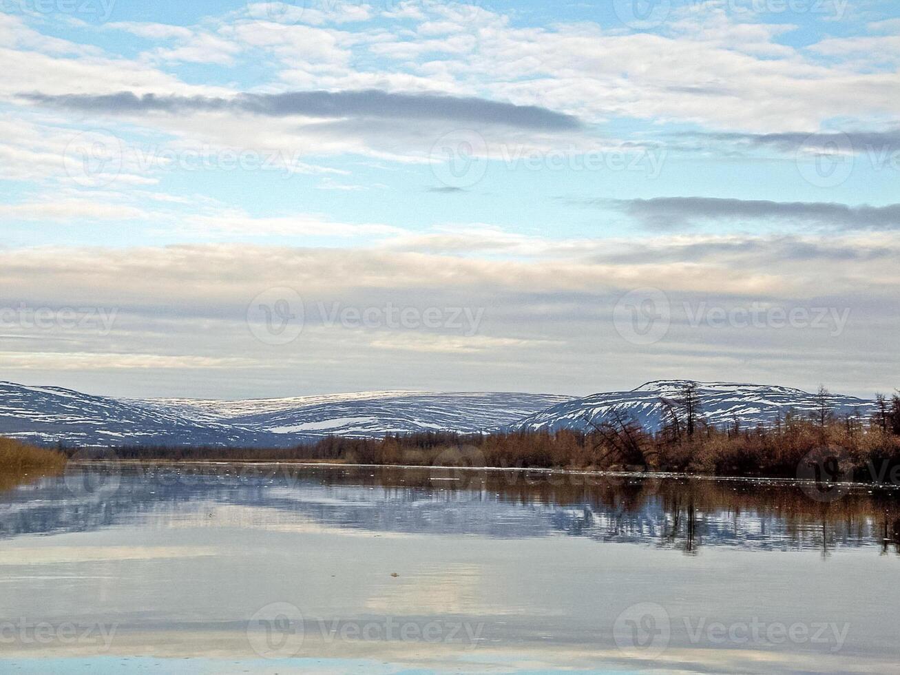 flod landskap tidigt vår. bar träd, smältande snö. foto