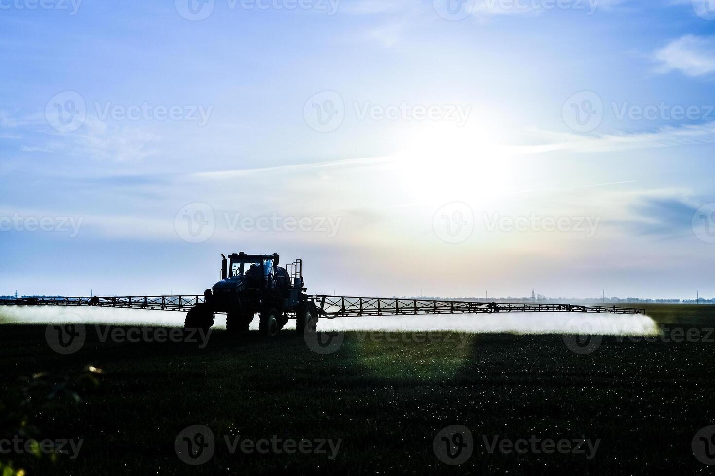 traktor med de hjälp av en spruta sprayer flytande gödselmedel på ung vete i de fält. foto