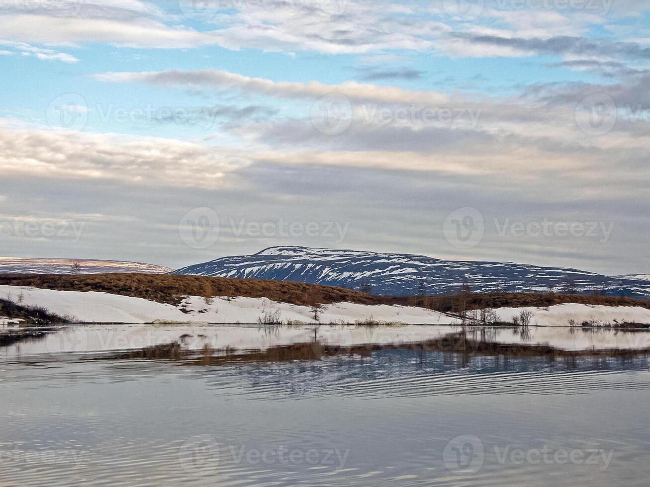 flod landskap tidigt vår. bar träd, smältande snö. foto