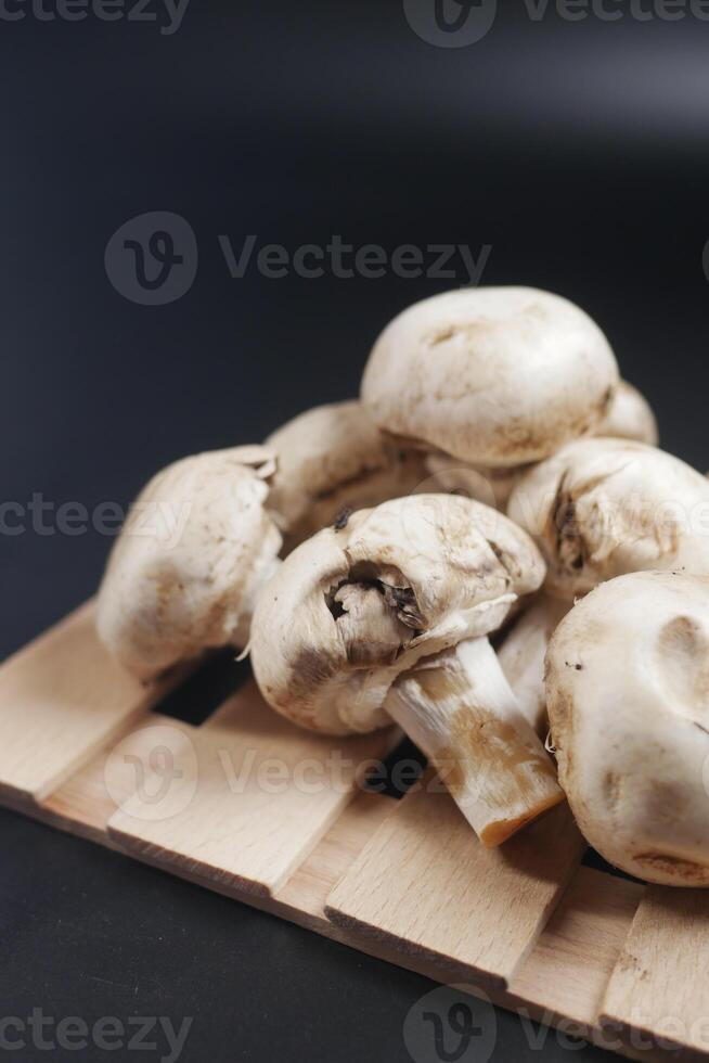 färsk champignons svamp på svart bakgrund foto