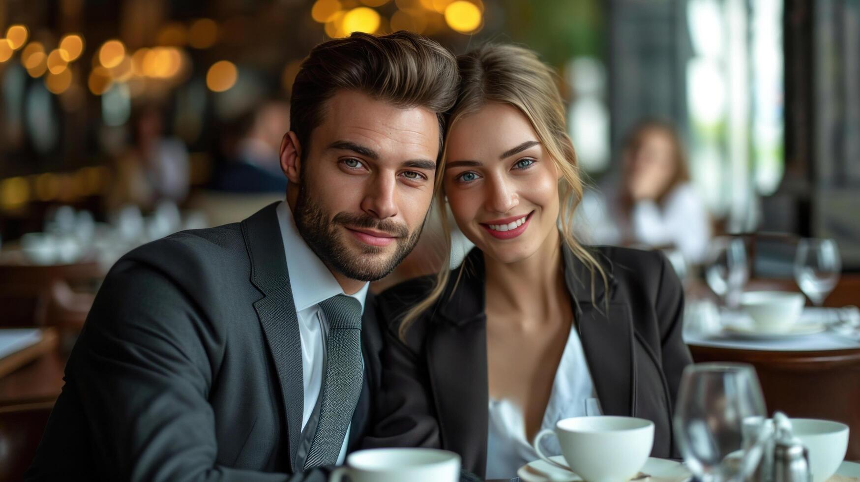 ai genererad elegant företag par Sammanträde i lyx restaurang med glas av schampagne foto