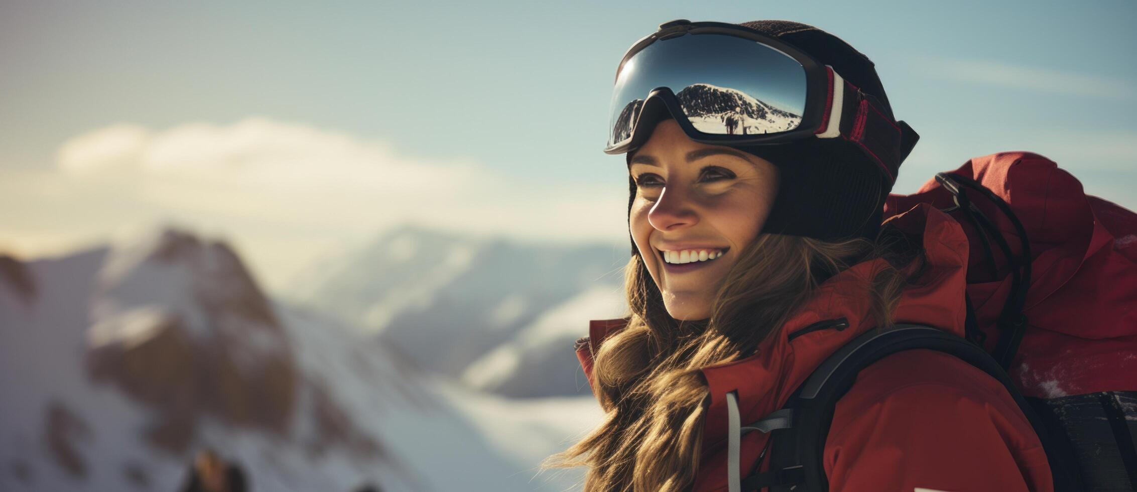 ai genererad flicka i vinter- åka snowboard kläder rider på de backe med en leende foto