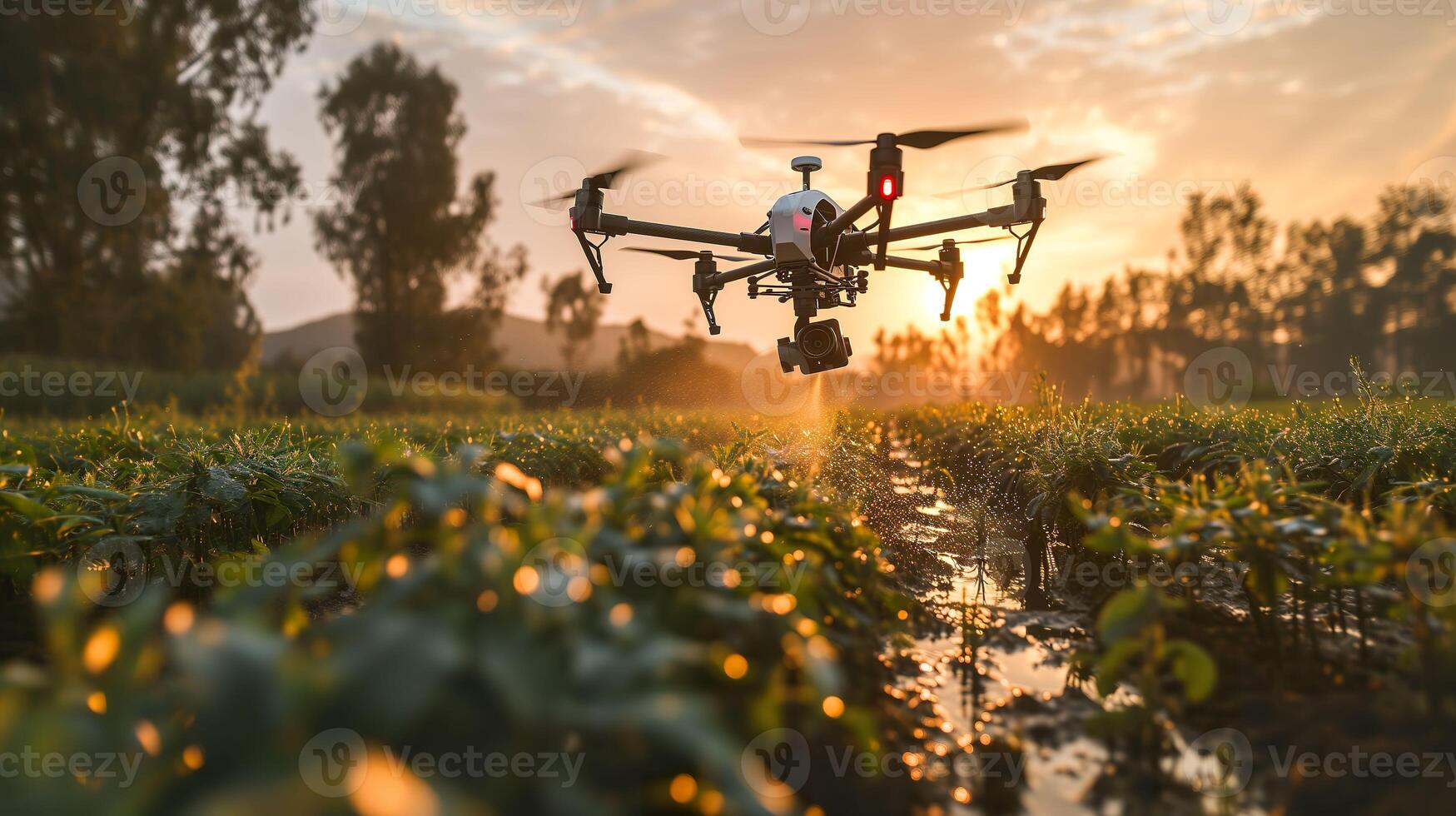 ai genererad framtida jordbrukare verktyg, flygande Drönare besprutning pesticider på våt lantbruk fält foto