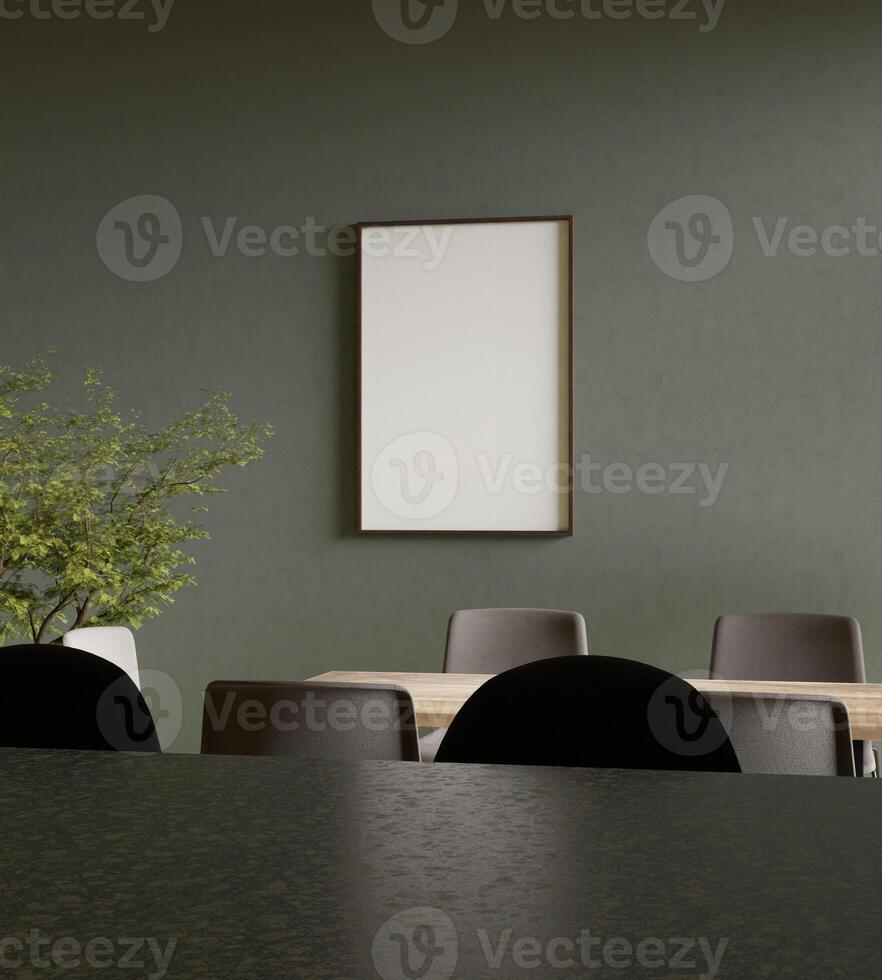 estetisk och minimalistisk ram attrapp affisch hängande på de grön vägg i de dining rum med växt träd dekor foto
