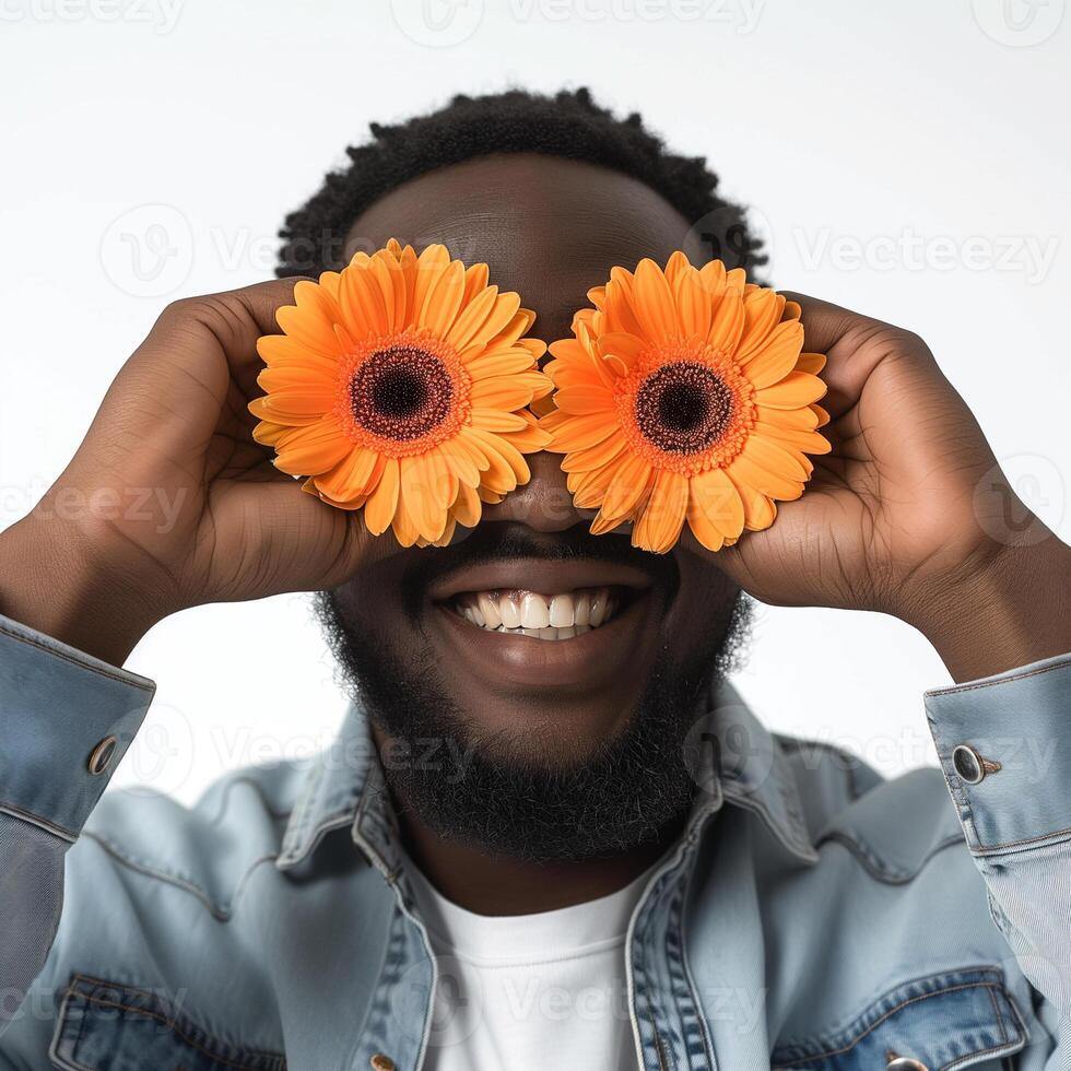 ai genererad afrikansk amerikan man omslag ögon med två orange gerberor foto