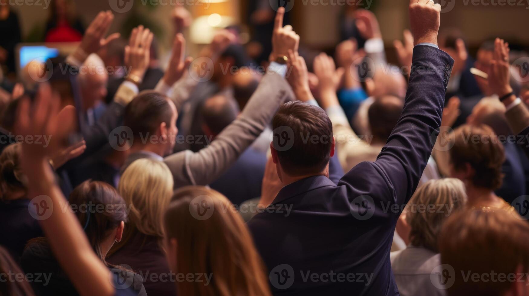 ai genererad konkurrenskraftig budgivning i en fullt med folk auktion rum. foto