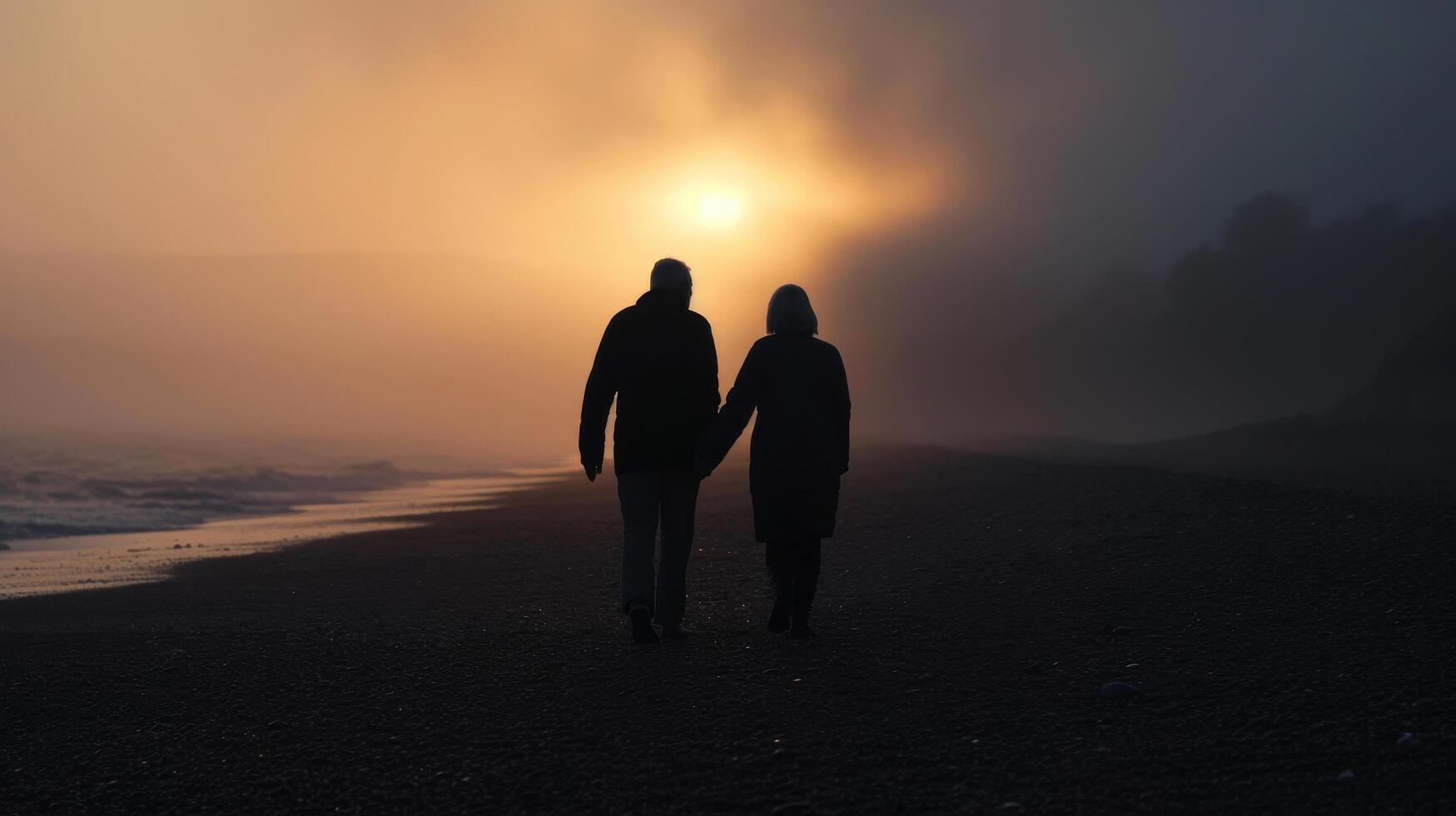 ai genererad åldring samhälle två gammal par gående innehav händer på en strand under en dimmig solnedgång foto
