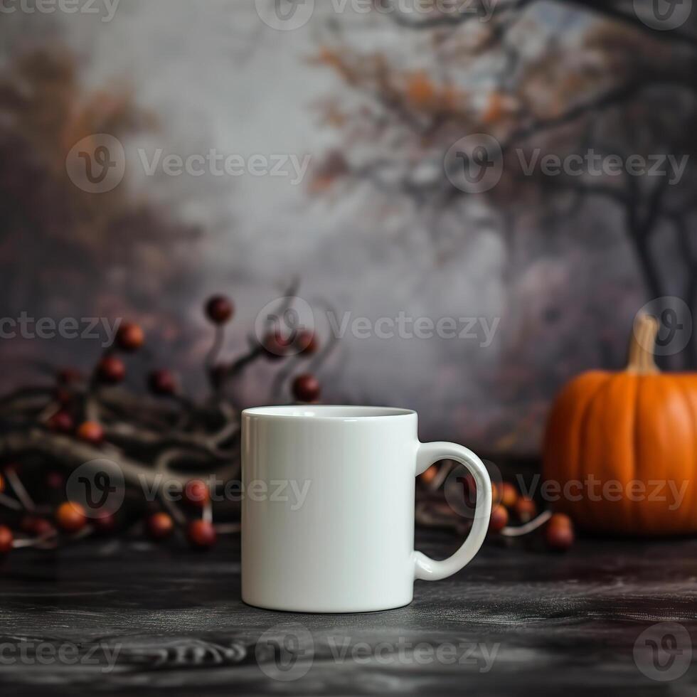 ai genererad halloween kaffe elegans, enkel vit råna på läskigt bakgrund foto