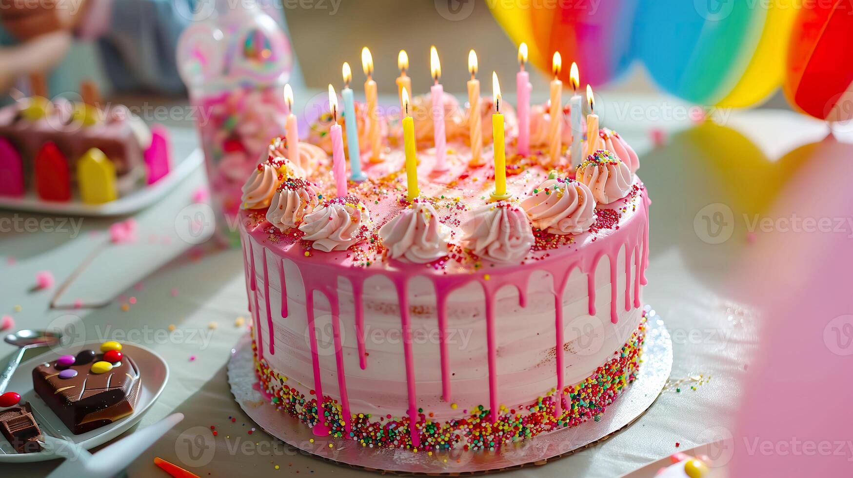 ai genererad ljuv firande glädje, vibrerande rosa födelsedag kaka för barn foto