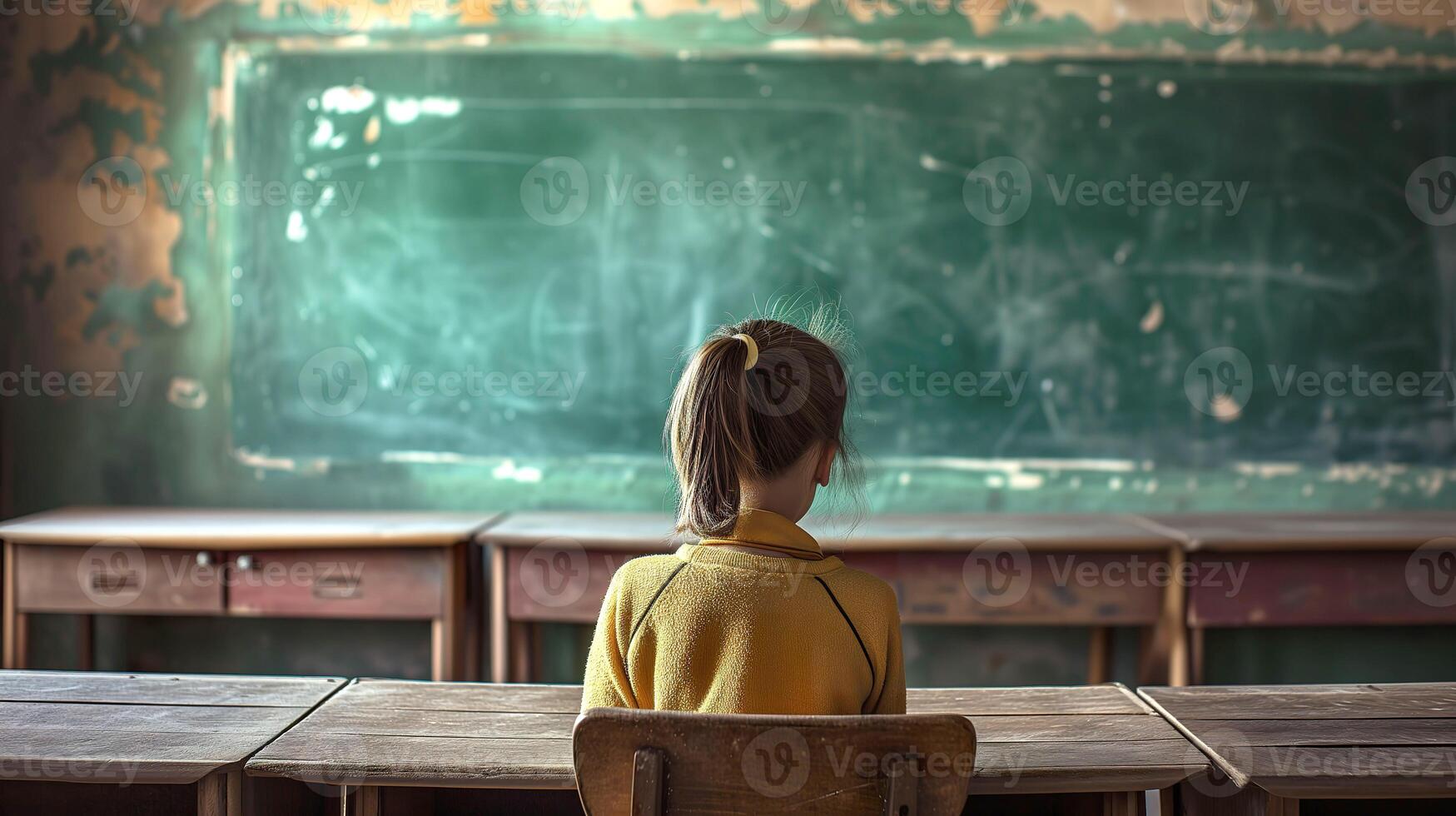 ai genererad ung studerande i tömma klassrum med grön svarta tavlan foto