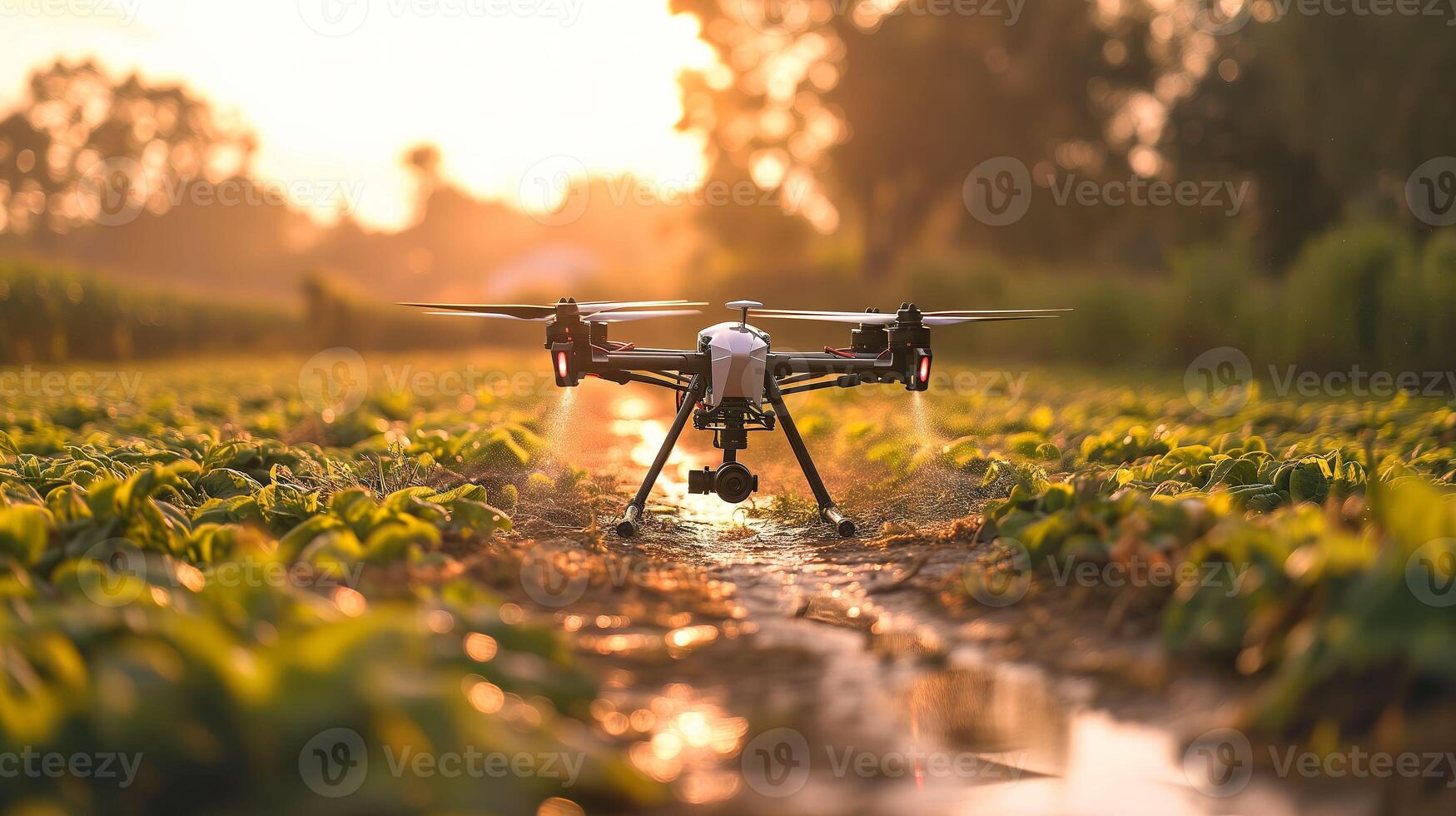 ai genererad framtida jordbrukare verktyg, flygande Drönare besprutning pesticider på våt lantbruk fält foto