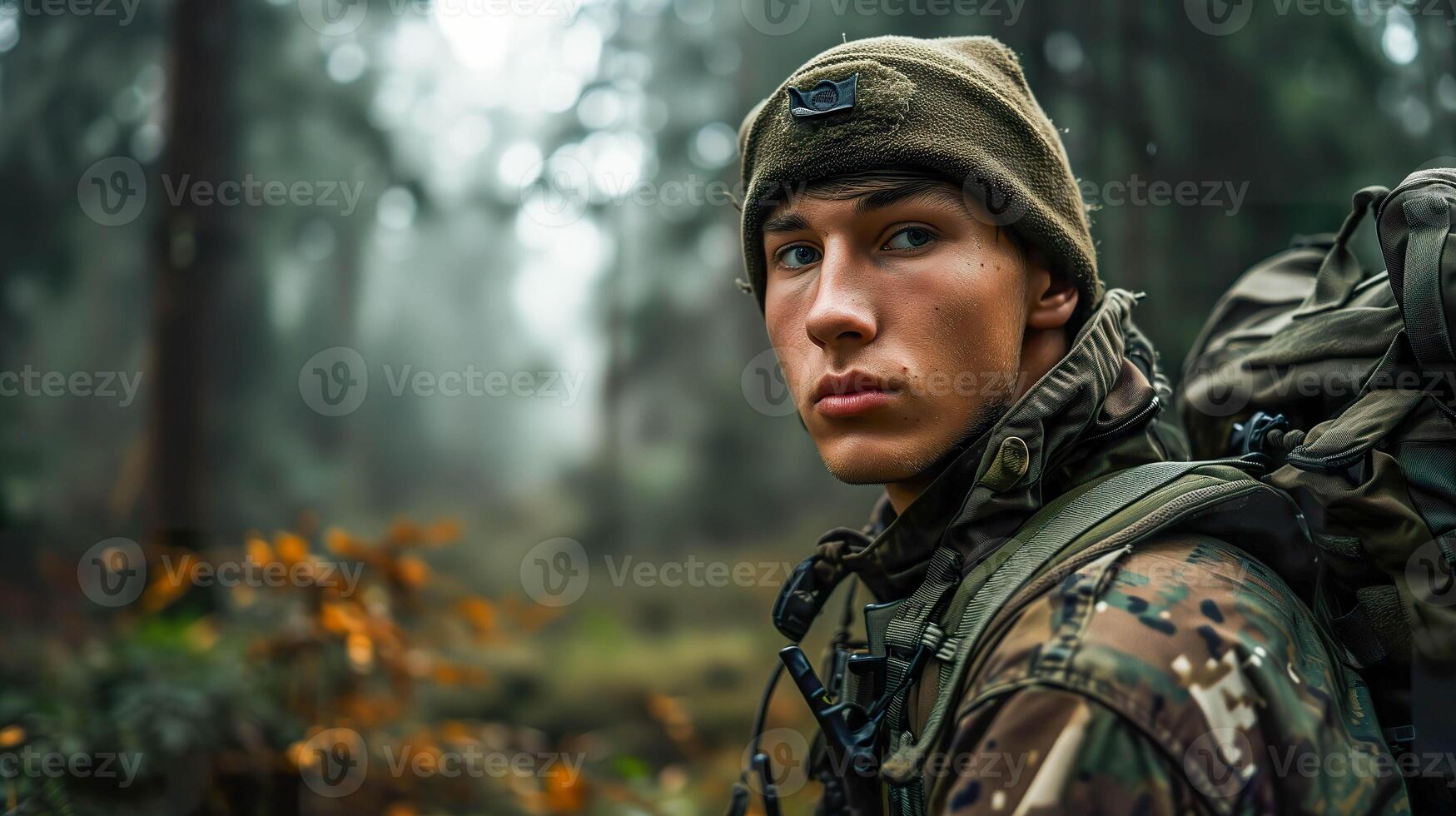 ai genererad ung soldat i militär enhetlig, känslokall skog stirra foto