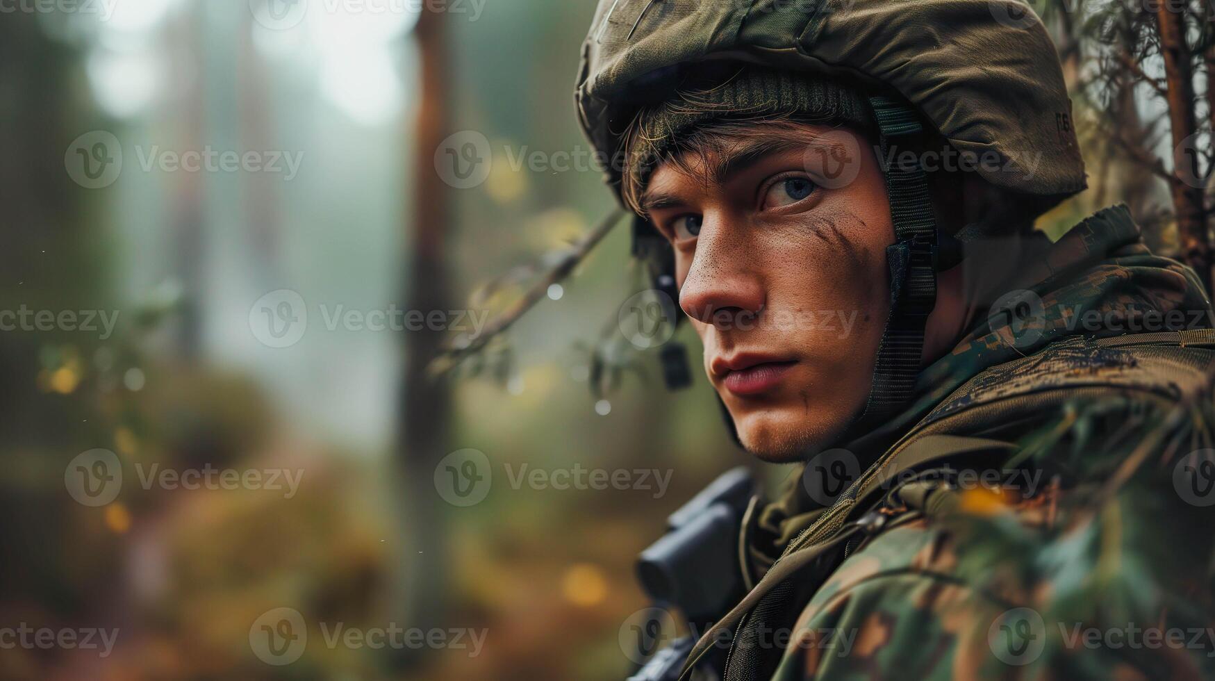 ai genererad ung soldat i militär enhetlig, känslokall skog stirra foto