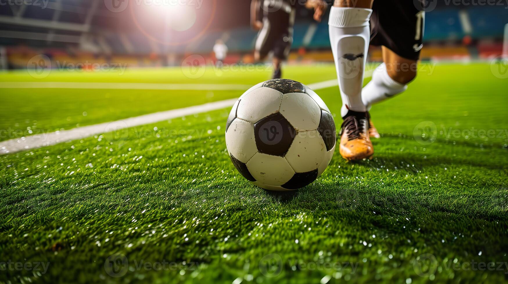 ai genererad fotboll match intensitet, spelare dribblingar på stor stadion fält foto