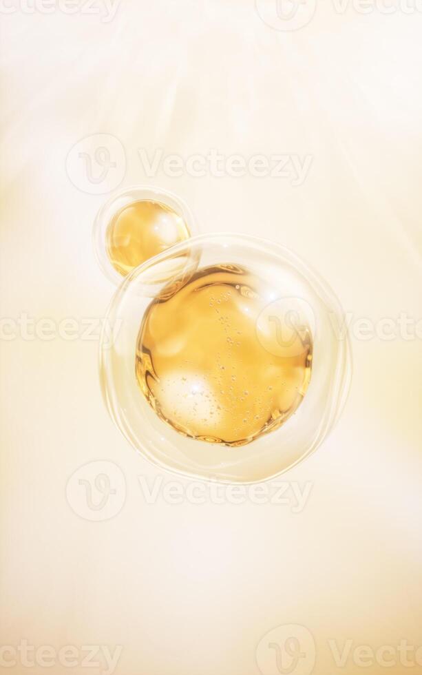 gyllene flytande olja bubbla bakgrund, 3d tolkning. foto