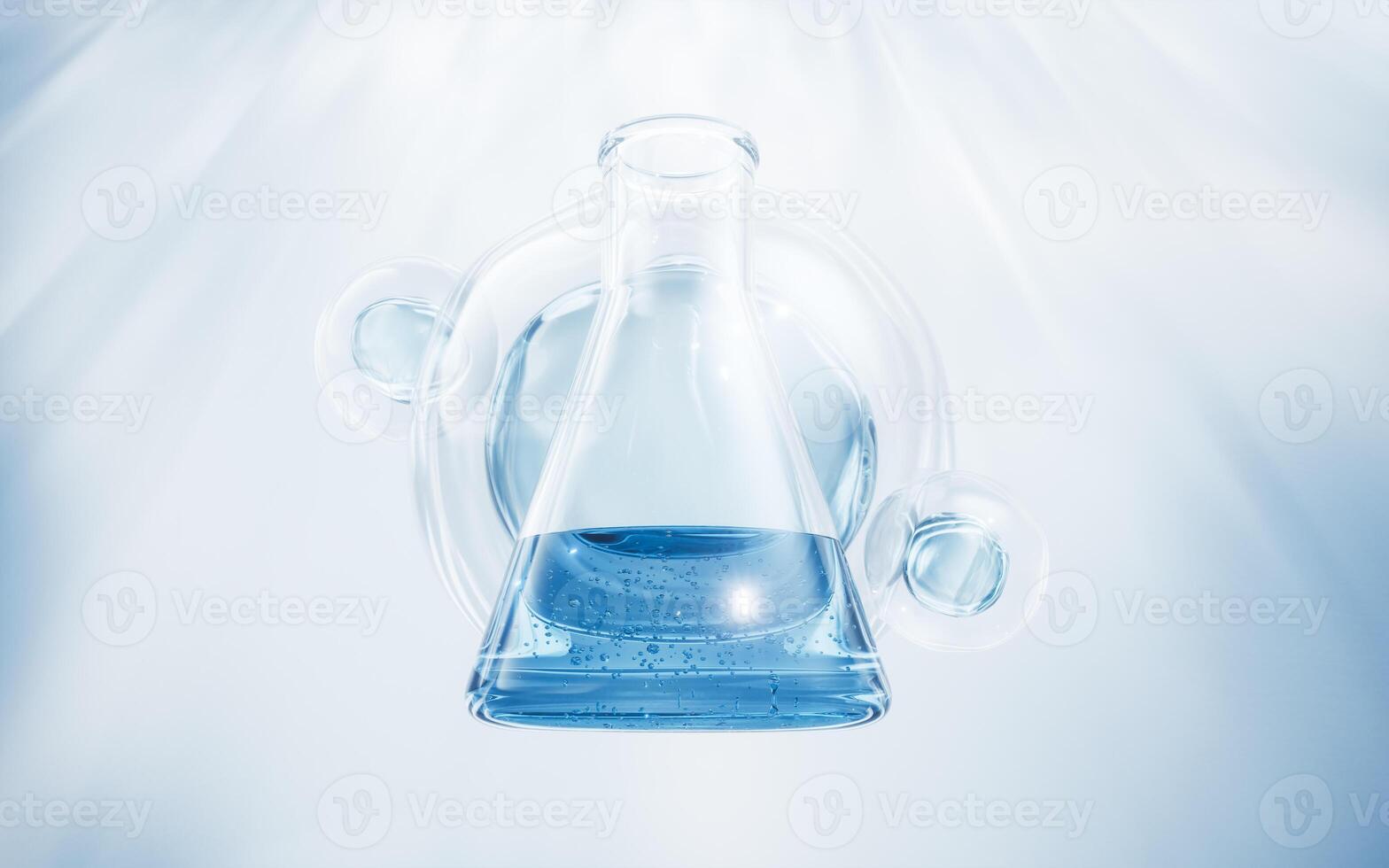 kemisk glas med vatten släppa bakgrund, 3d tolkning. foto