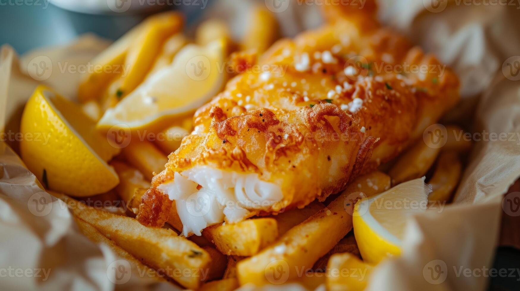 stänga upp av fisk och pommes frites med franska pommes frites. snabb mat begrepp. foto