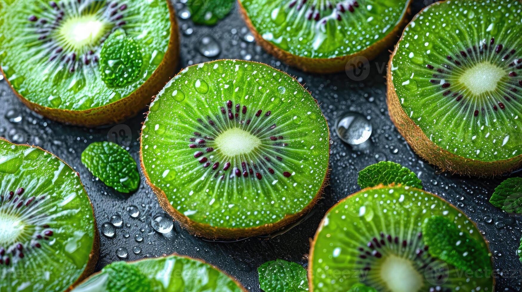 ai genererad exotisk kiwi bakgrund. exotisk överklagande av perfekt runda kiwi skivor. foto