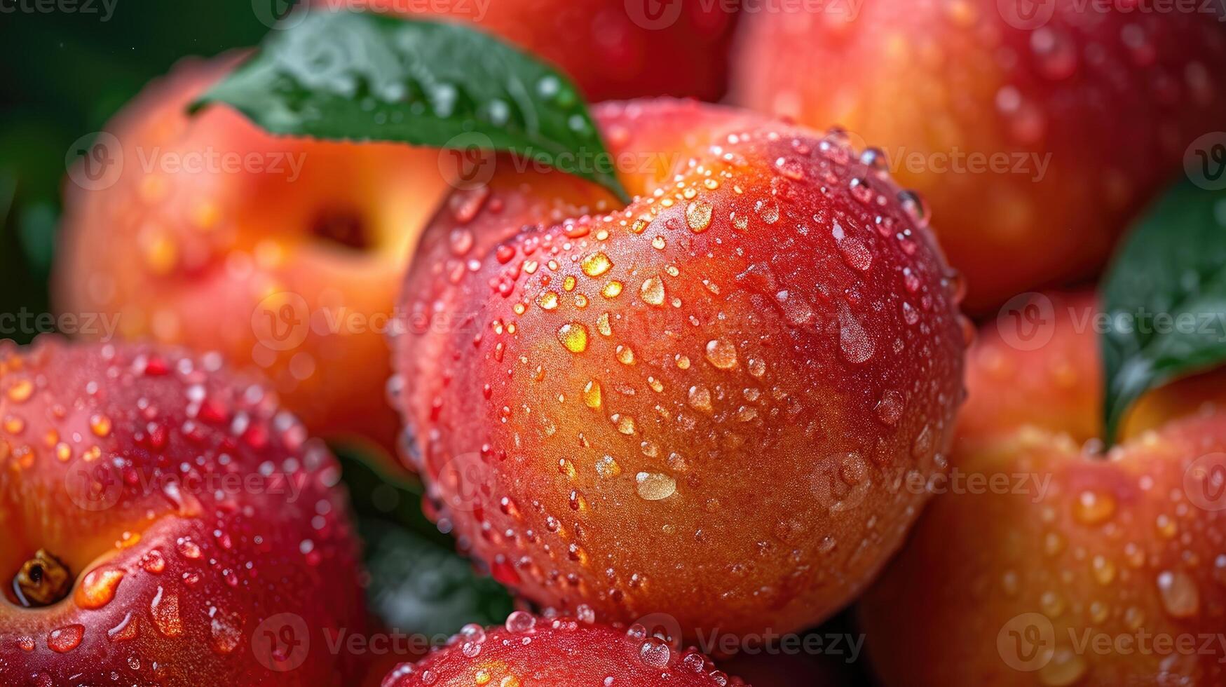 ai genererad färsk persikor med vatten droppar bakgrund. foto