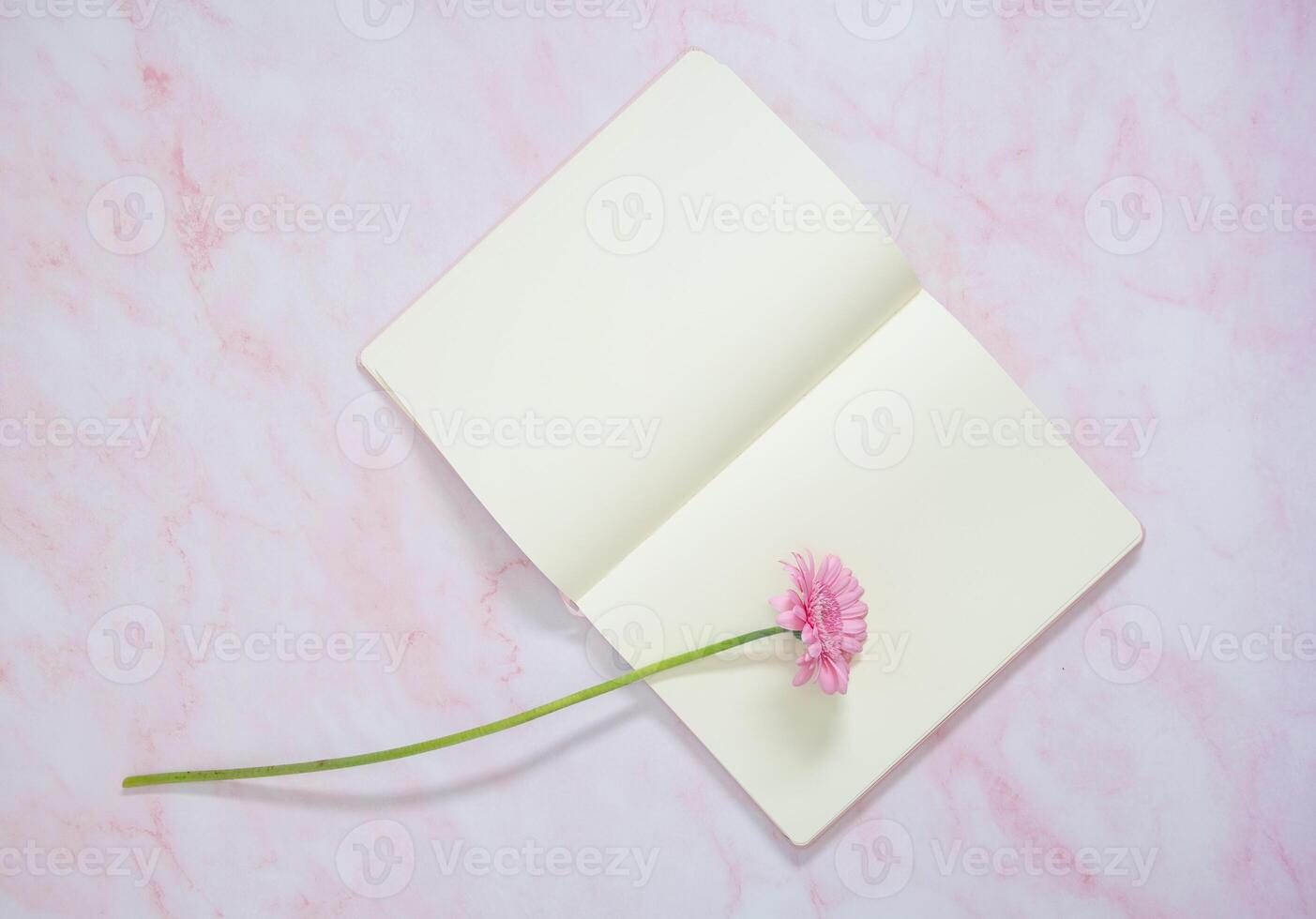 ett rosa gerbera och tom anteckningsbok på de tabell, gåva för henne, kopia Plats foto