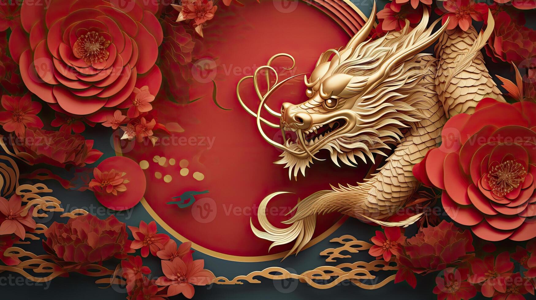 ai genererad Lycklig kinesisk ny år de drake zodiaken tecken med blomma, lykta, asiatisk element guld papper skära stil. foto