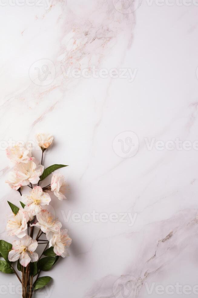 ai genererad marmor bakgrund med blomma ram foto