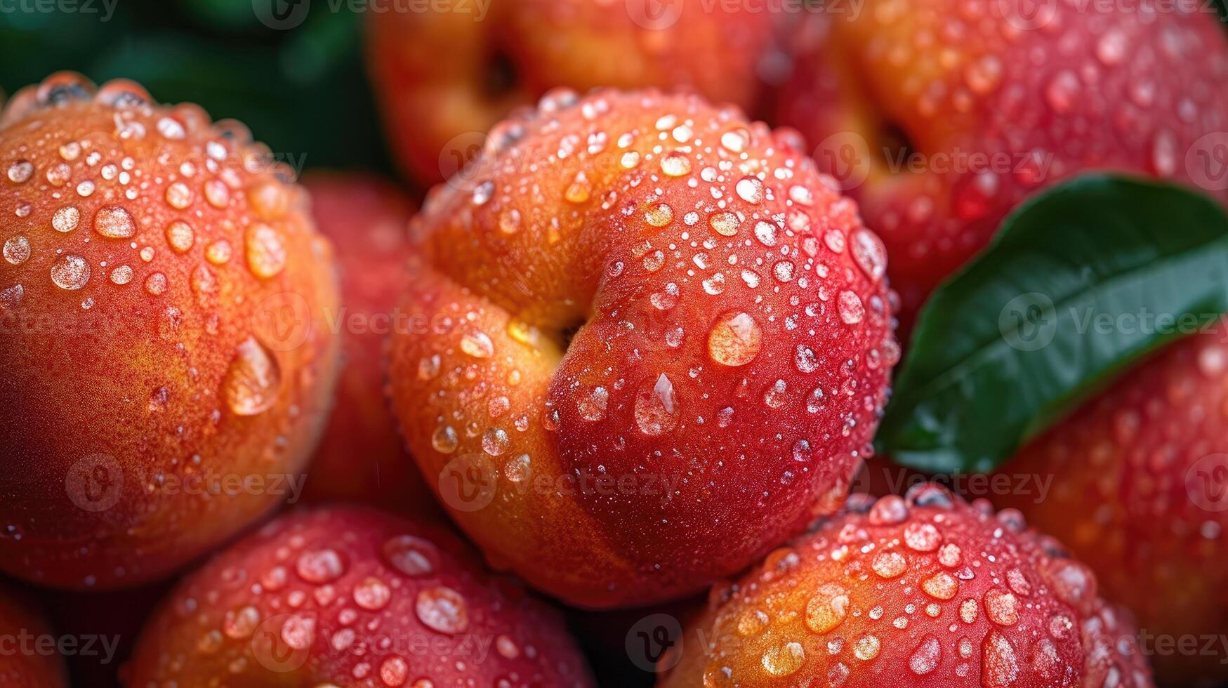 ai genererad färsk persikor med vatten droppar bakgrund. foto