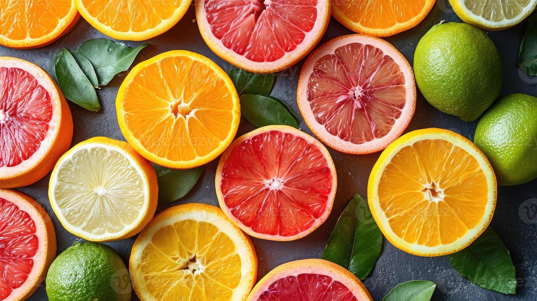 ai genererad ett elegant bakgrund med skivor av olika citrus- frukt tycka om apelsiner, citroner, och lime anordnad konstnärligt för en friskhet. foto