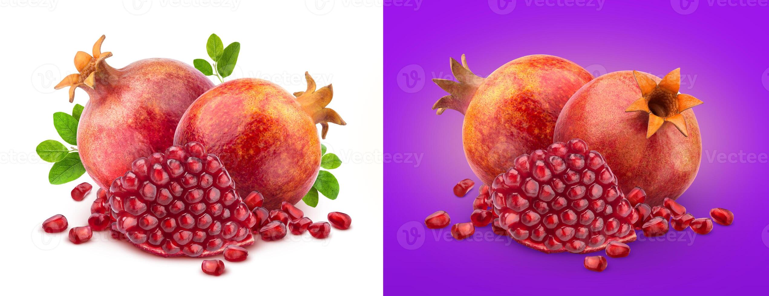 mogen granatäpple frukt med granatäpple löv isolerat på vit bakgrund foto