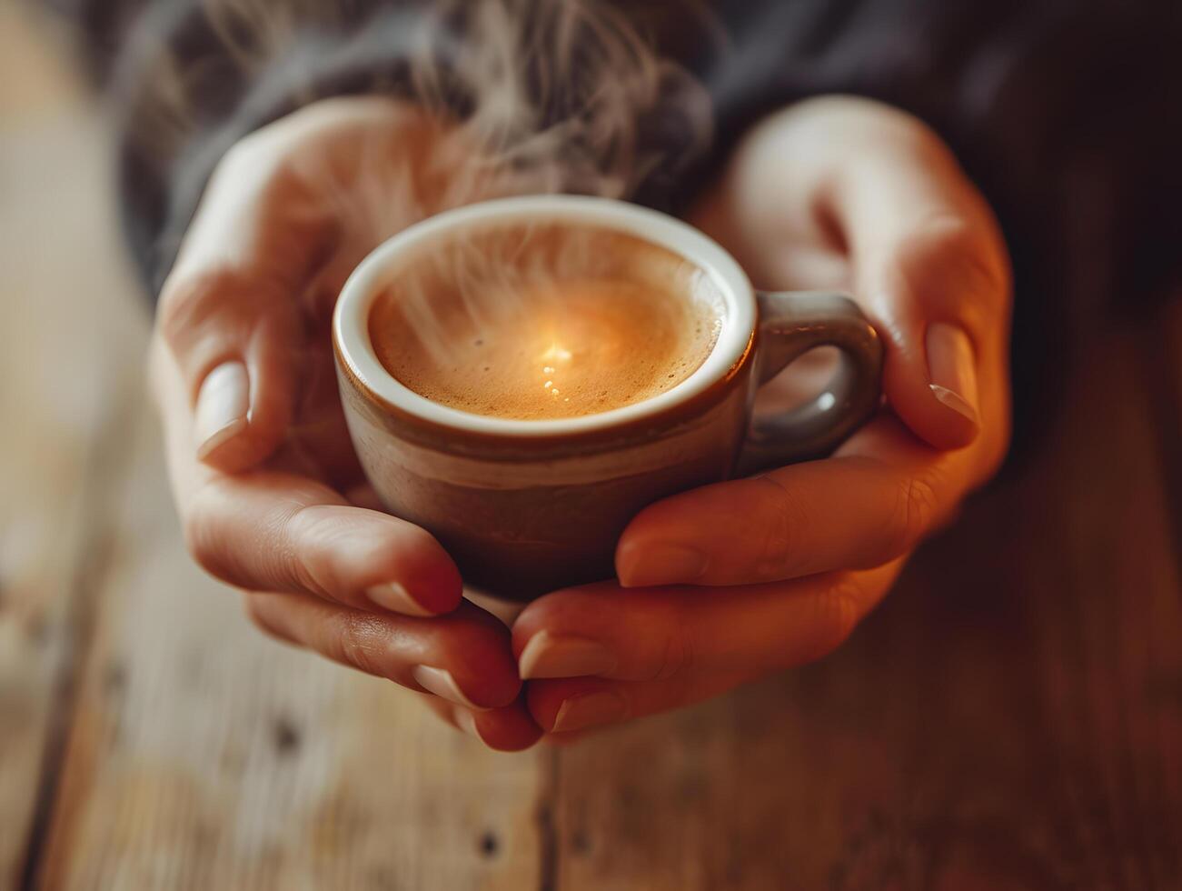 ai genererad närbild av kvinnas hand innehav en varm kaffe råna med rök på de bakgrund av en trä- tabell. kvinna fyllning råna med varm färsk kaffe i en morgon. stänga upp skott foto