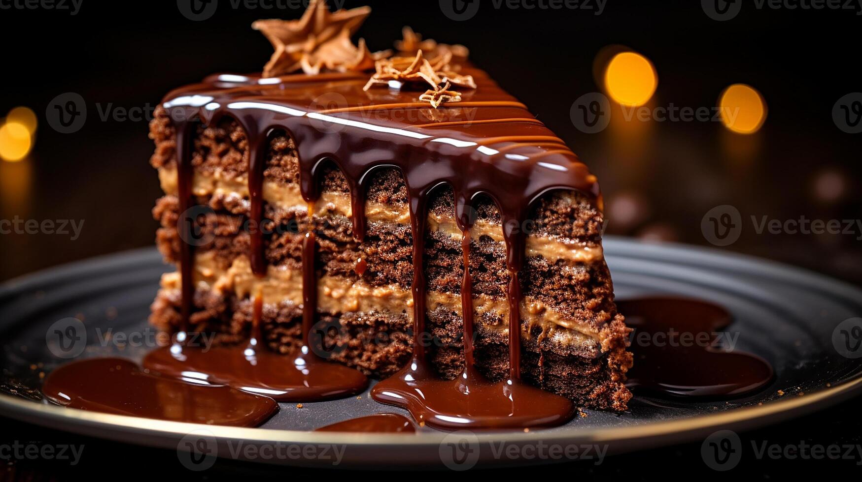 ai genererad en skiva av sachertorte kaka med glansig choklad glasyr eras på keramisk tallrik, makro skott foto