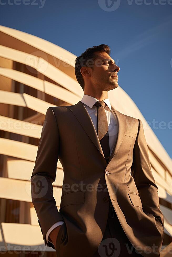 ai genererad latino man bär strukturerad och välutrustad utrusta stående inom en minimalistisk Plats, låg-vinkel skott foto