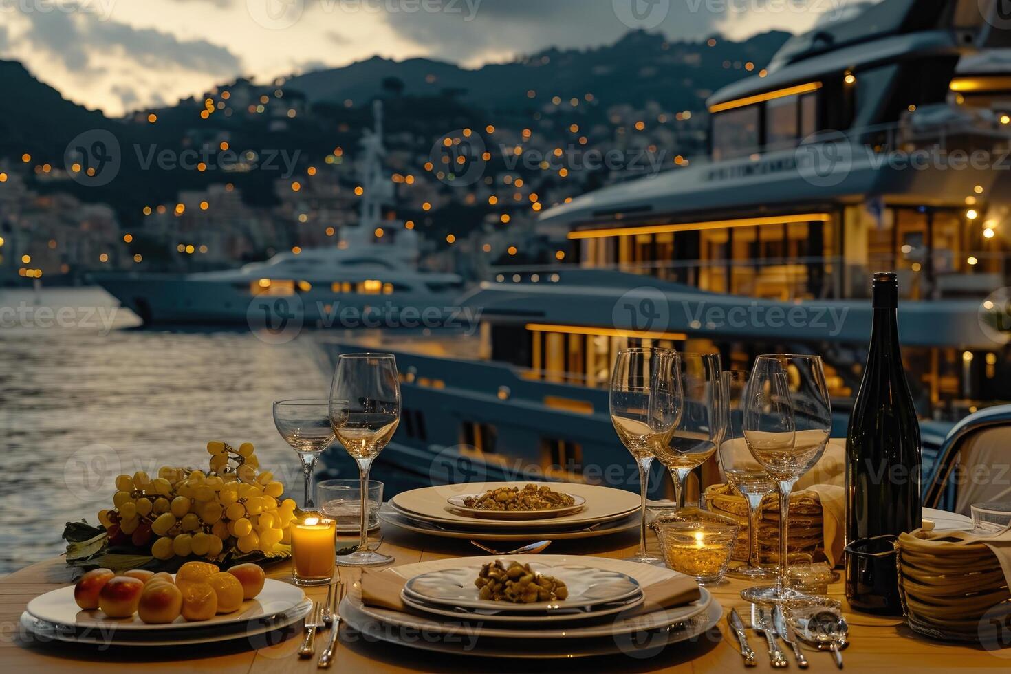 ai genererad dining tabell i de Yacht design professionell reklam fotografi foto