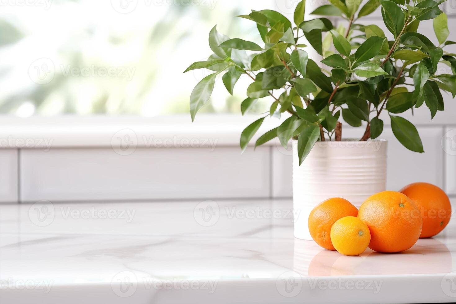 ai genererad eleganta vit kvarts bänkskivan med inlagd växt och apelsiner. modern minimalistisk kök interiör detaljer foto