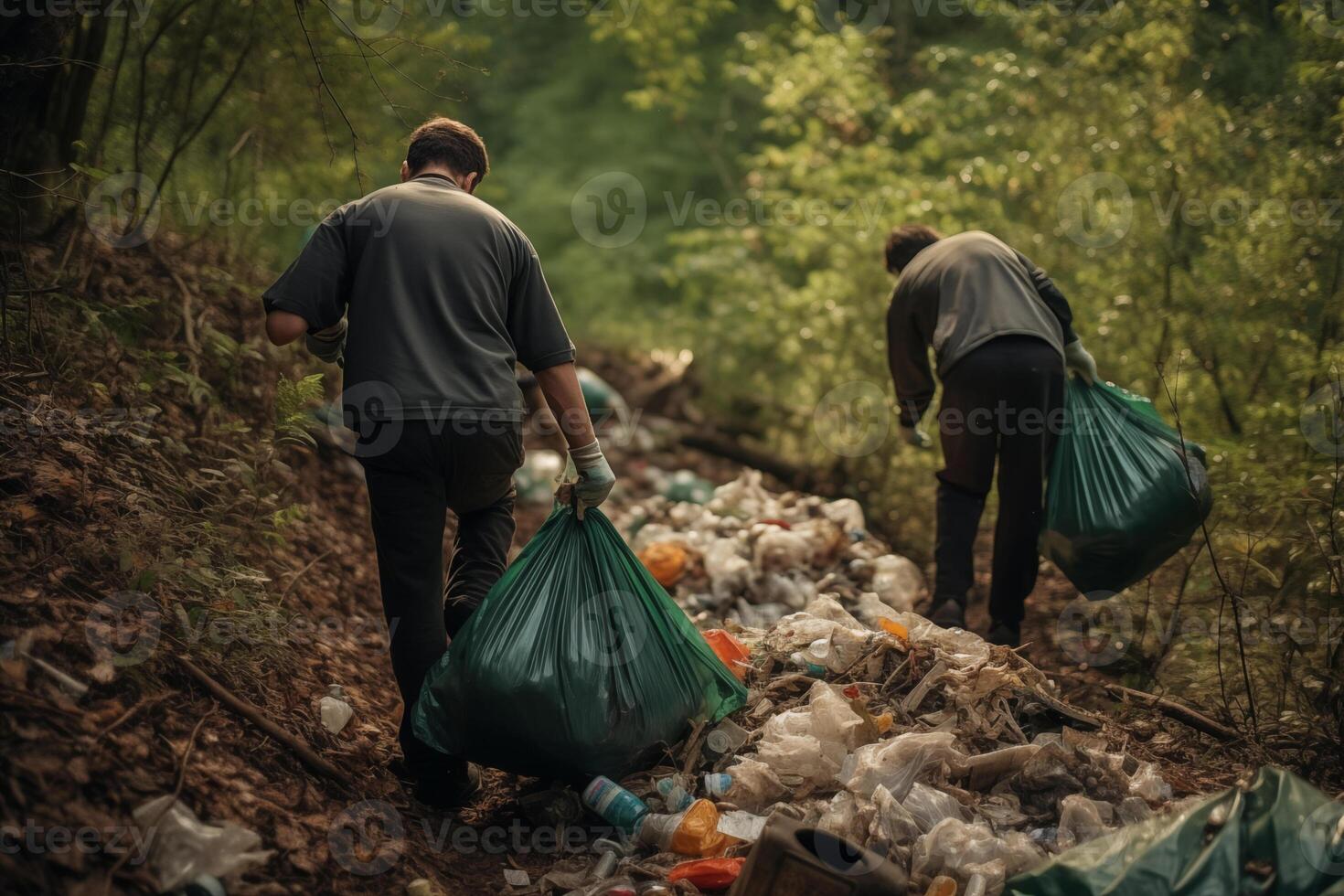 ai genererad volontärer samla plast sopor i natur, plockning upp skräp på skog. volontärarbete, välgörenhet, rengöring, ekologi, hållbar livsstil begrepp foto