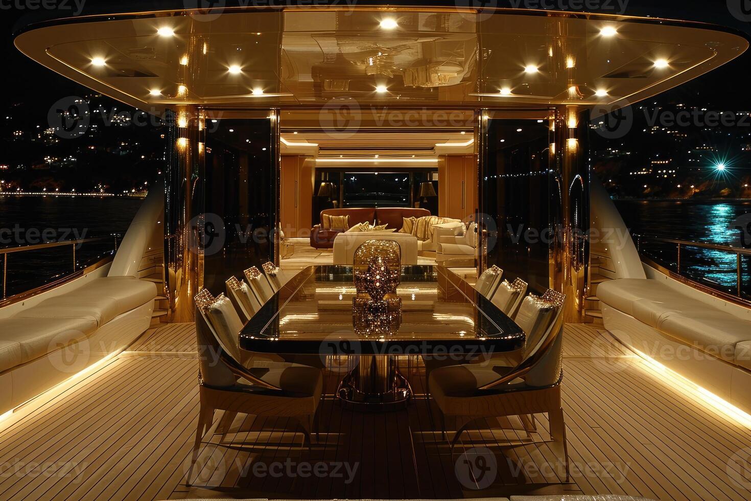 ai genererad dining tabell i de Yacht design professionell reklam fotografi foto