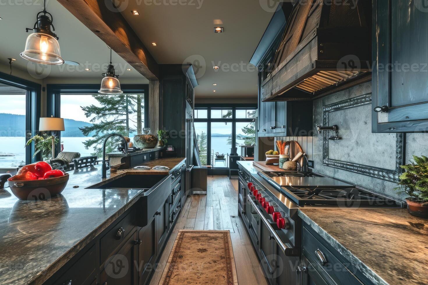 ai genererad modern kök design med trä- golv interiör professionell reklam fotografi foto