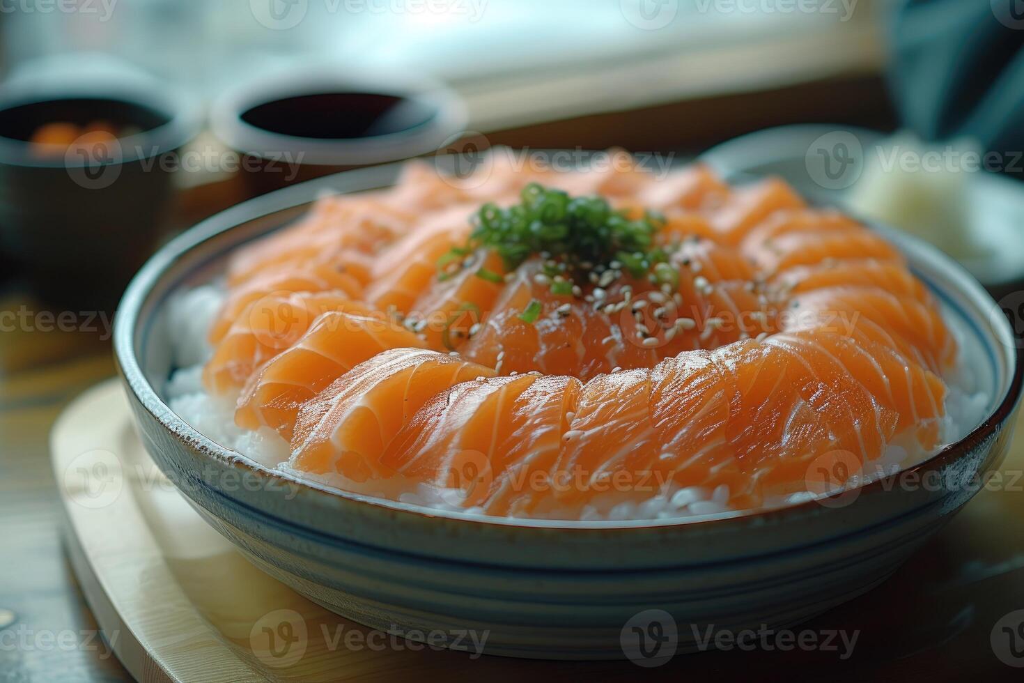 ai genererad en tallrik av en väl pläterad kokta japansk maträtt på en tabell topp professionell reklam mat fotografi foto