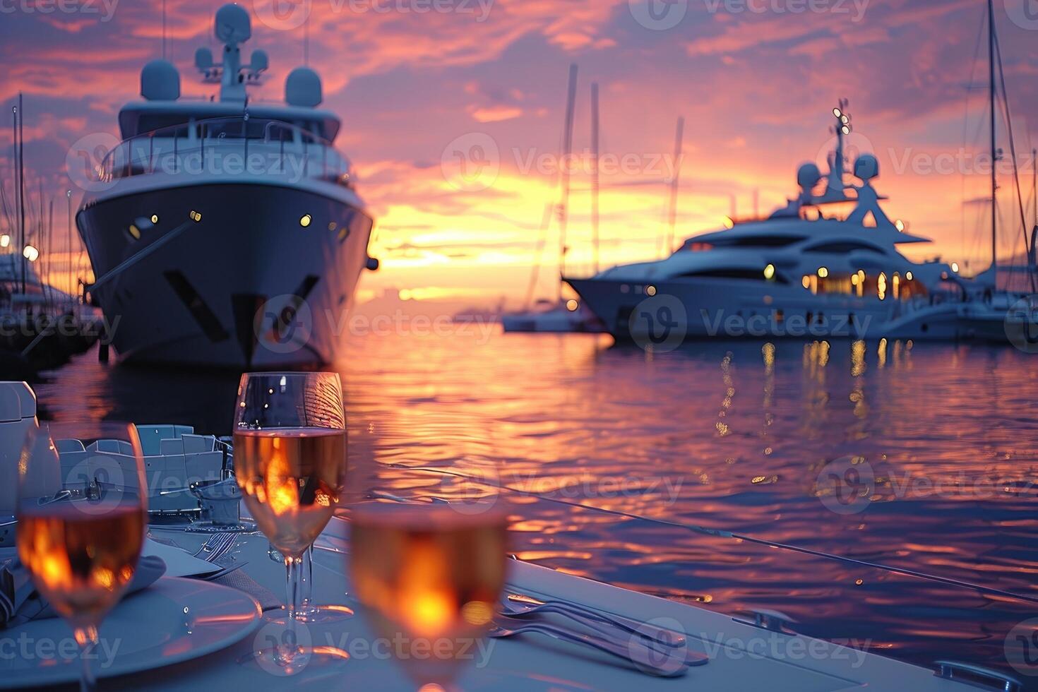 ai genererad dining tabell i de Yacht design professionell reklam fotografi foto