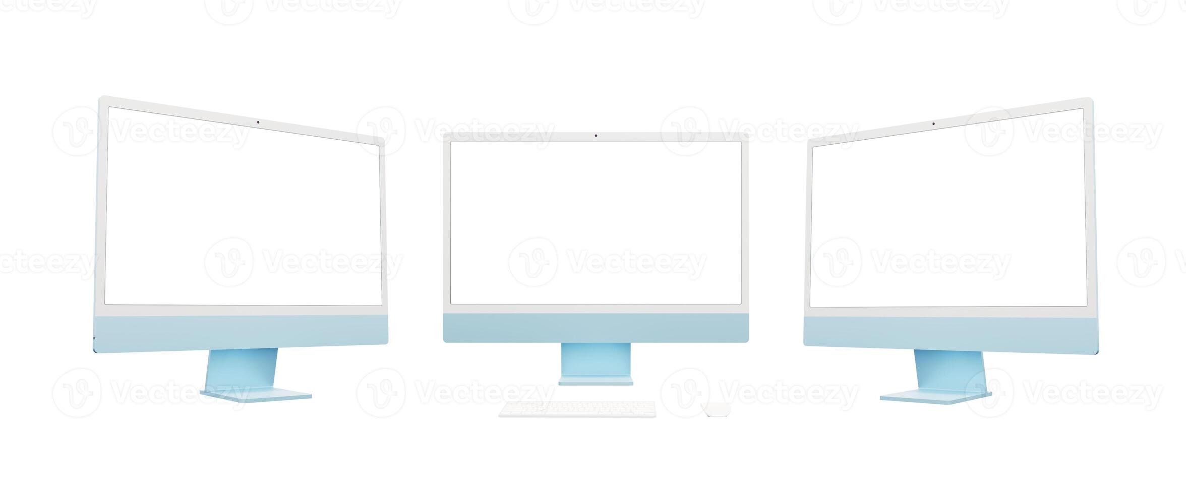 modern blå dator visa presenteras i tre vinklar vänster, främre, höger. isolerat skärm och bakgrund, perfekt för attrapp och webb sida presentationer, visa upp mångsidighet i design foto