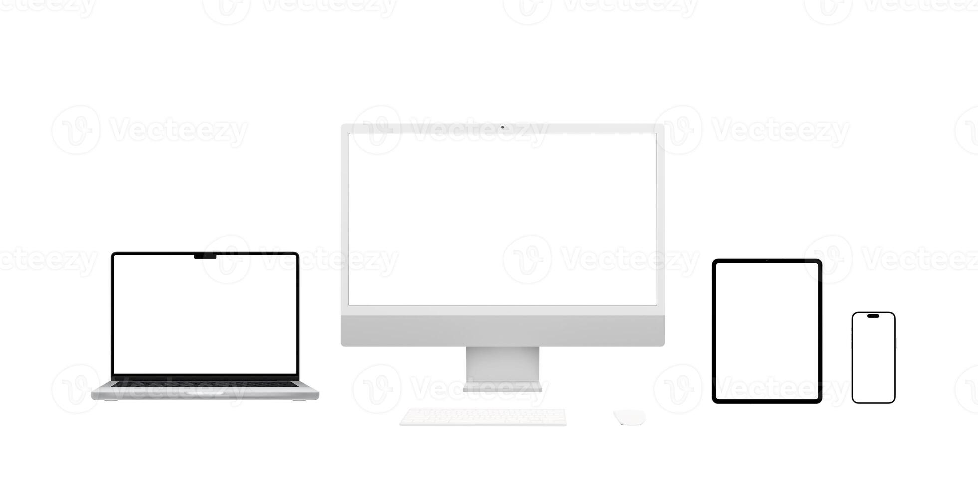modern dator enheter, Inklusive dator visa, bärbar dator, läsplatta, och smartphone, monter olika skärm upplösningar för app eller webb sida presentationer. isolerat skärmar perfekt för attrapp mönster foto
