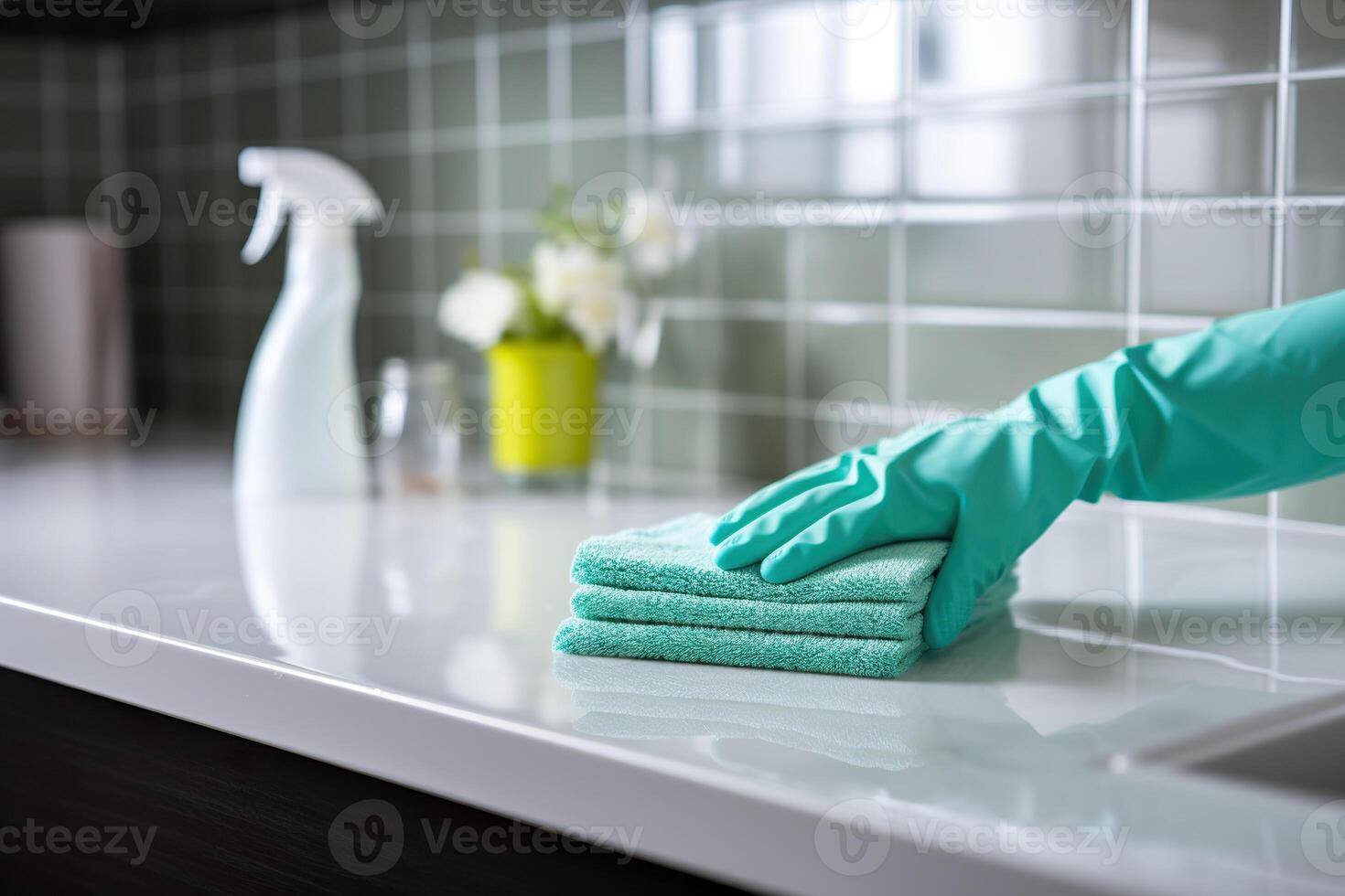 ai genererad rengöring begrepp. en hand i hushåll handskar innehar bindor för rengöring. genererad förbi artificiell intelligens foto