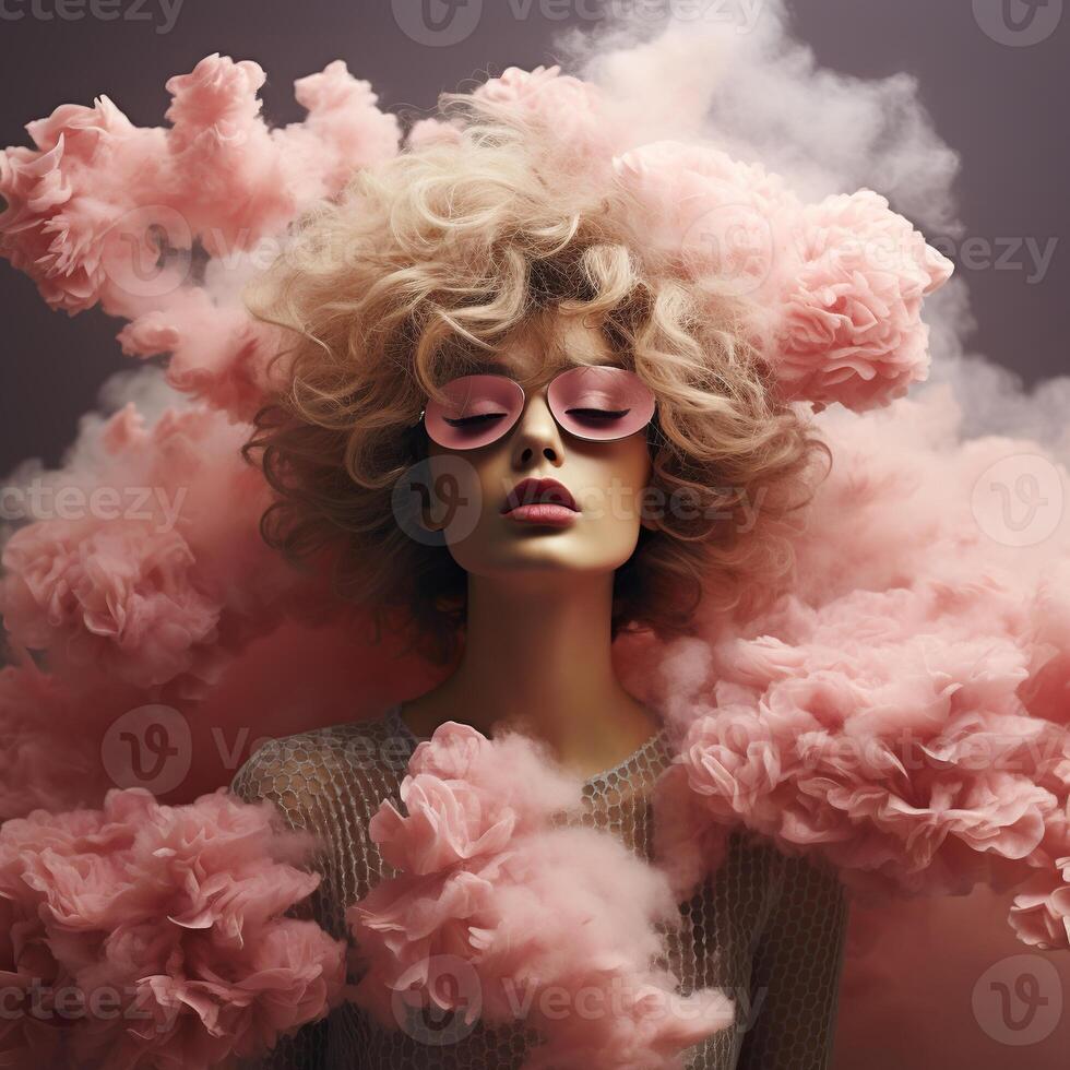ai genererad modern flicka i solglasögon och moln av rosa rök. genererad förbi artificiell intelligens foto