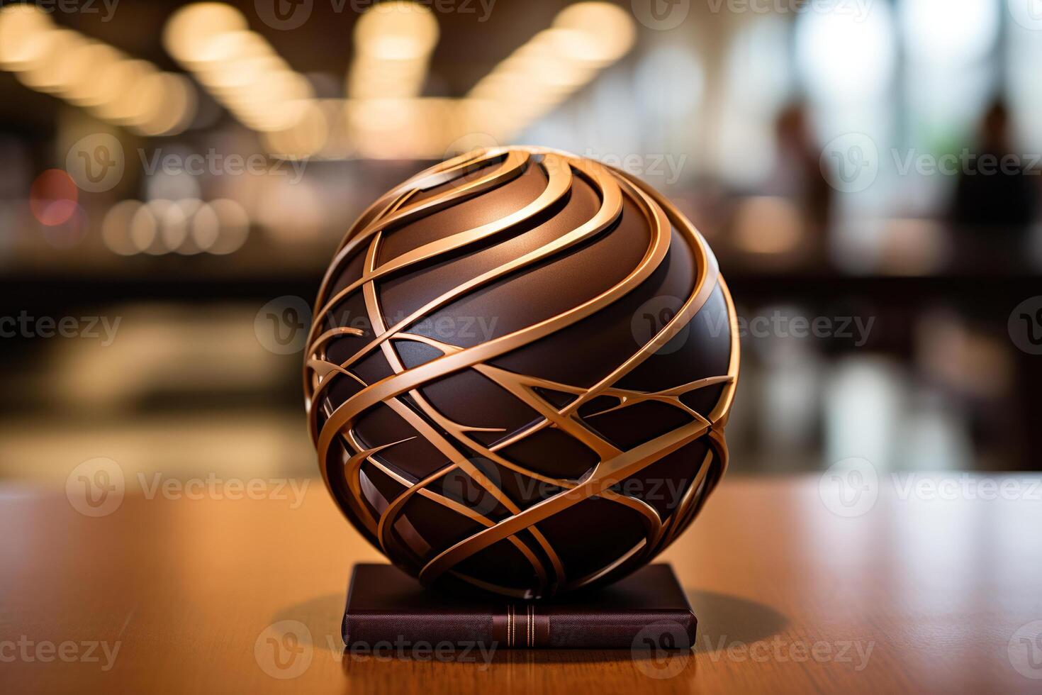 ai genererad choklad efterrätt i de form av en sfär med guld dekoration på en trä- stå. genererad förbi artificiell intelligens foto